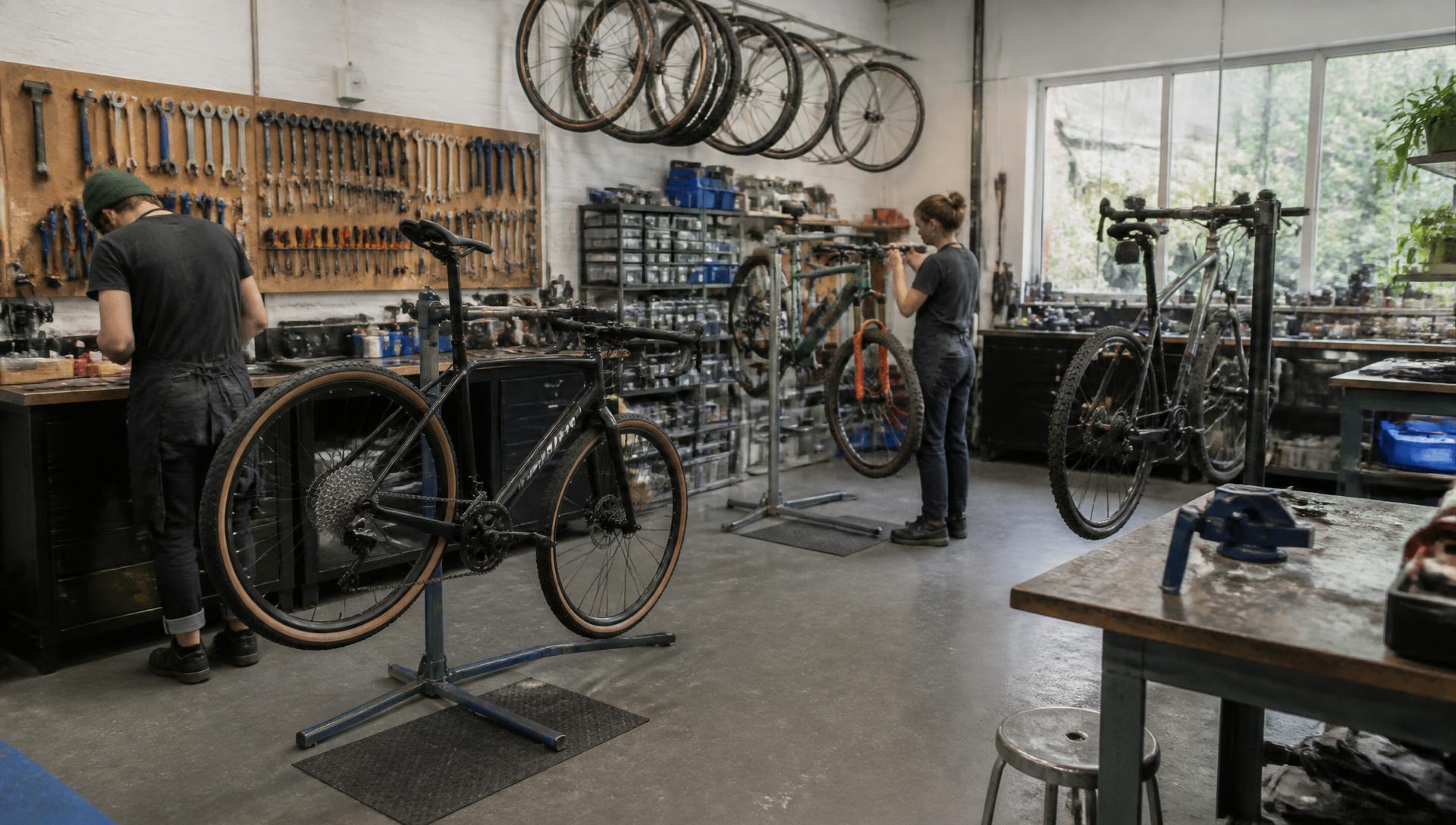 Atelier vélo professionnel avec plusieurs vélos sur pieds de réparation