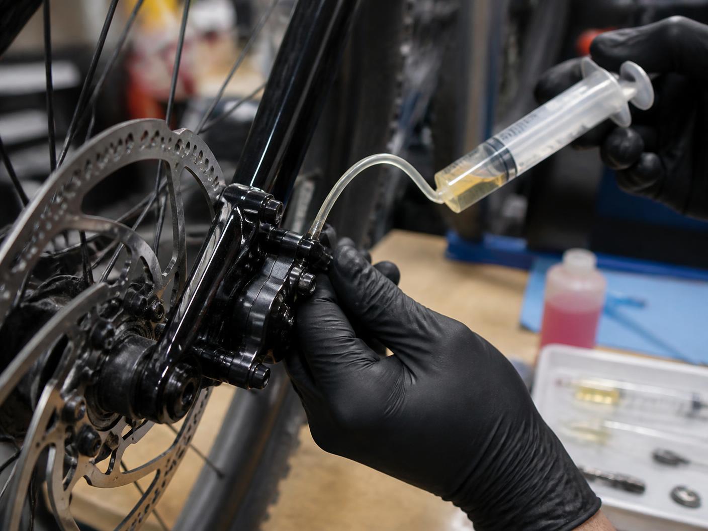 Purge d'un frein à disque hydraulique de vélo en atelier