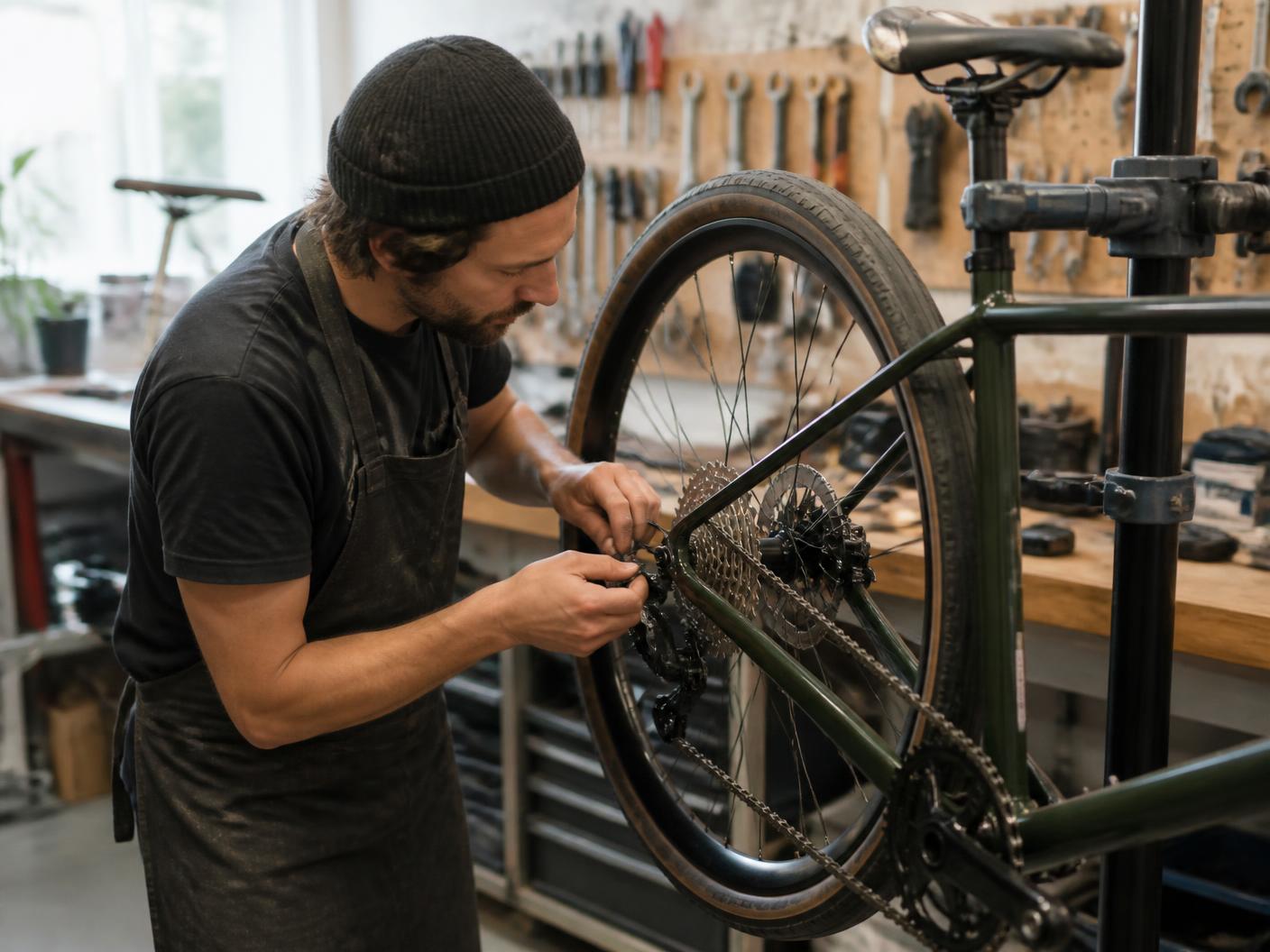 Mécanicien cycle réglant le dérailleur d'un vélo sur un pied d'atelier