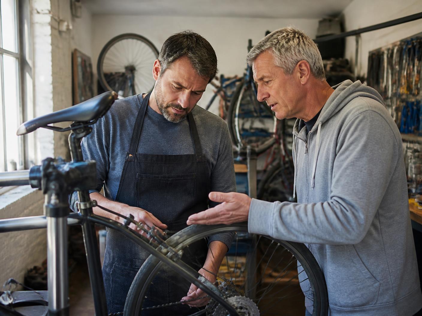 Adulte en reconversion apprenant la mécanique vélo auprès d'un formateur en atelier