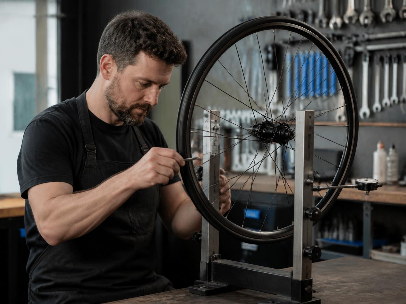Dévoilage d'une roue de vélo sur un pied de centrage en atelier
