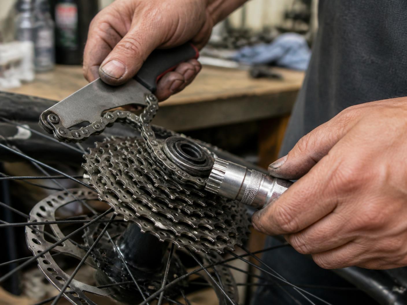 Dépose d'une cassette avec fouet à chaîne sur la transmission d'un vélo