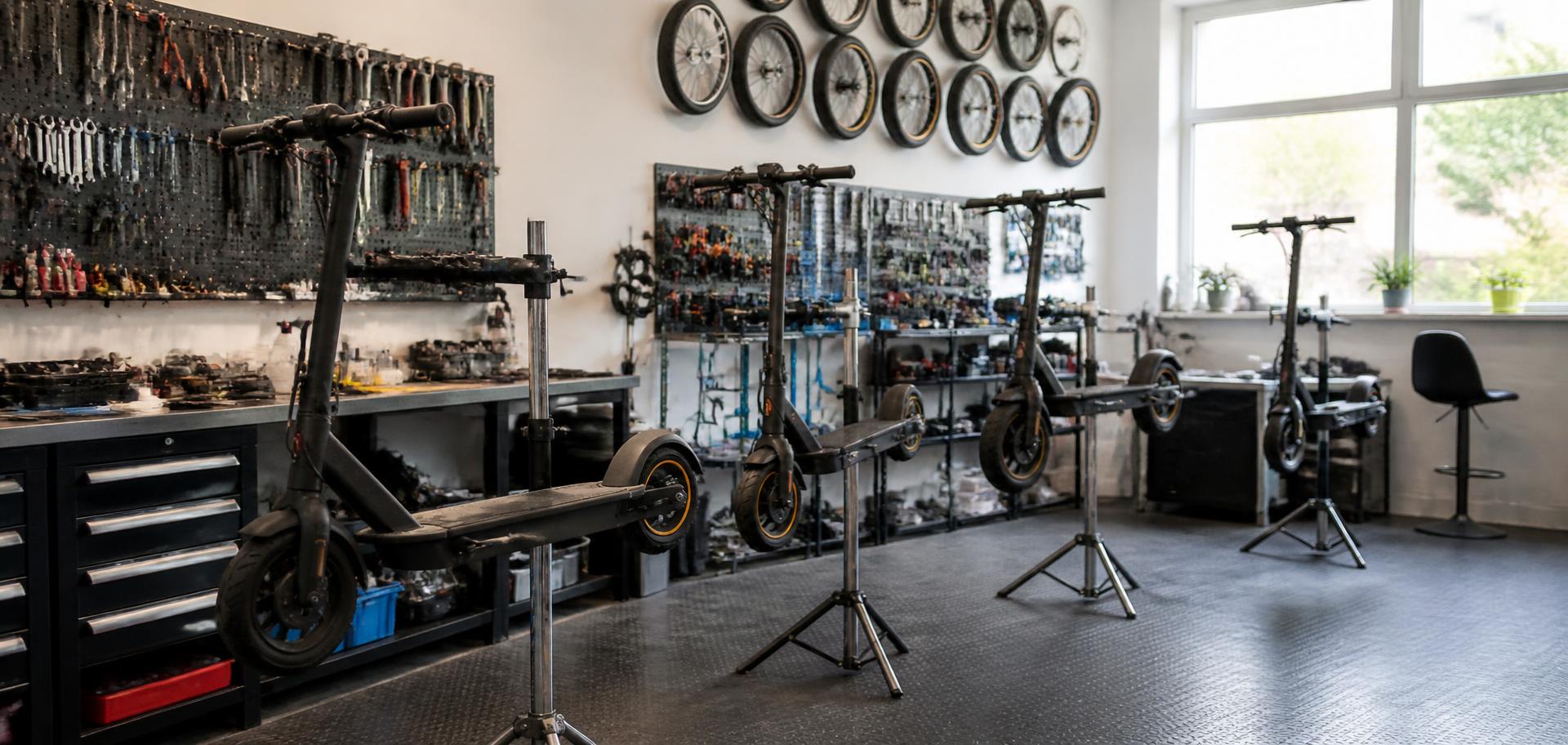 Atelier de réparation équipé pour l'entretien de trottinettes électriques