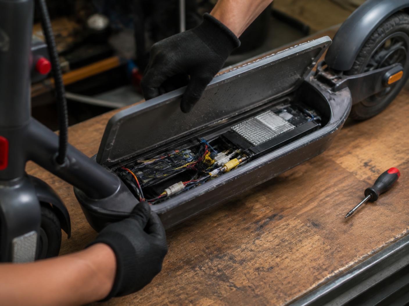 Ouverture du deck d'une trottinette électrique pour accéder au contrôleur