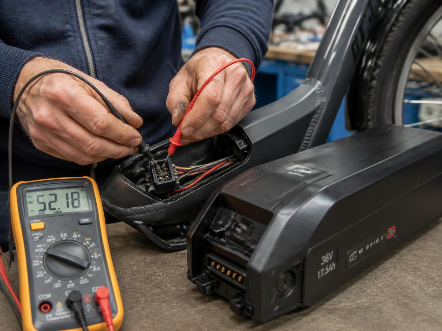 Diagnostic au multimètre sur la connectique de batterie d'un vélo électrique